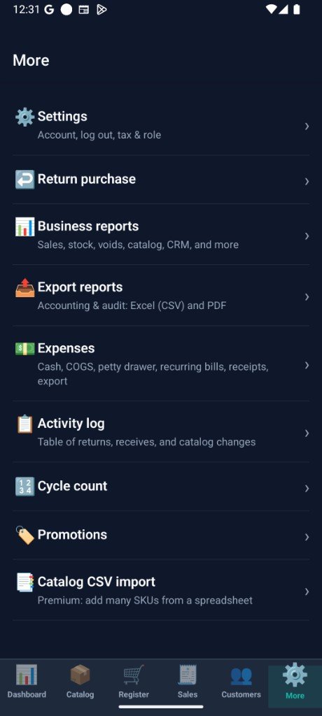 EW Inventory More menu grid on mobile