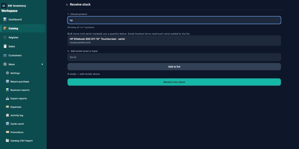 EW Inventory receive stock screen
