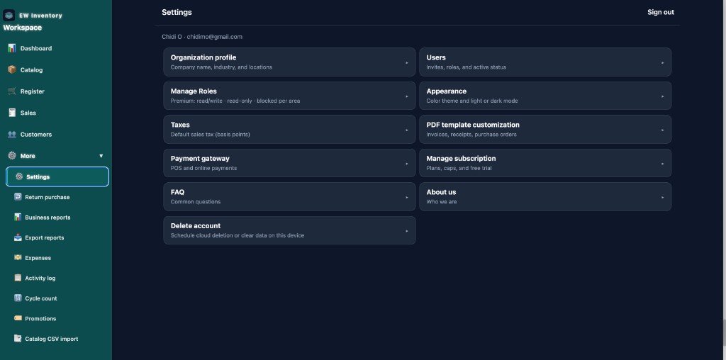 EW Inventory settings screen