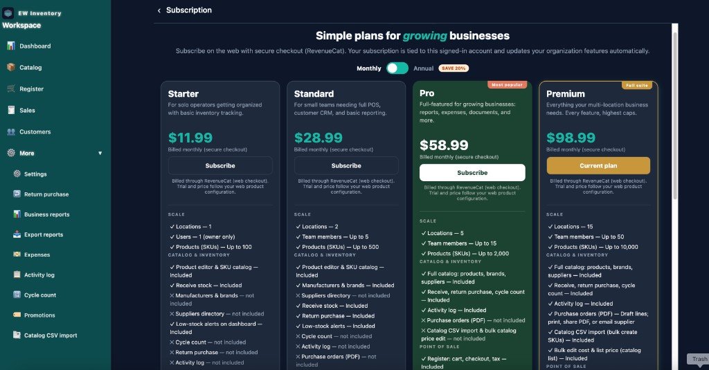 EW Inventory subscription and plans screen
