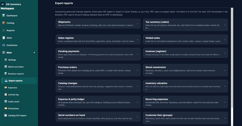 EW Inventory export reports screen