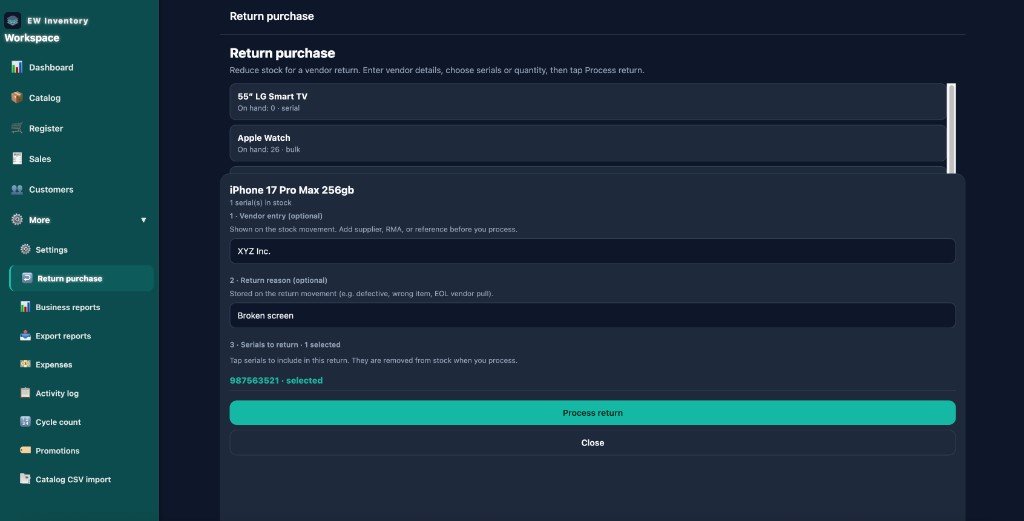 EW Inventory return purchase screen