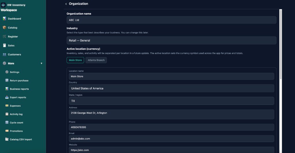 EW Inventory organization settings